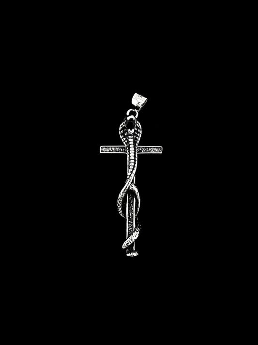 Cross with Cobra Snake Pendant - Sterling Silver
