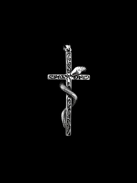 Cross with Snake Pendant - Sterling Silver